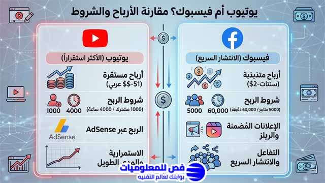 مقارنة الربح يوتيوب ام فيسبوك؟